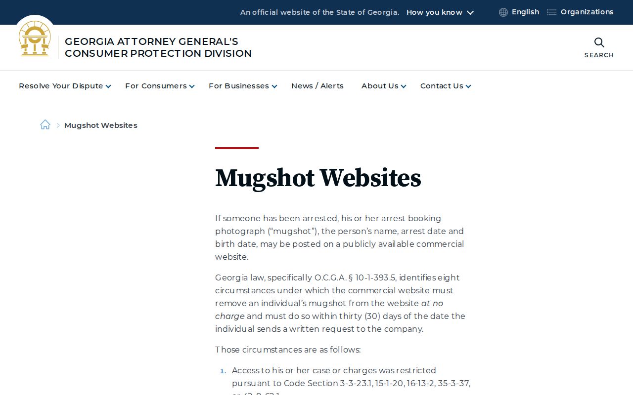Georgia Attorney General guidance on mugshot website removal